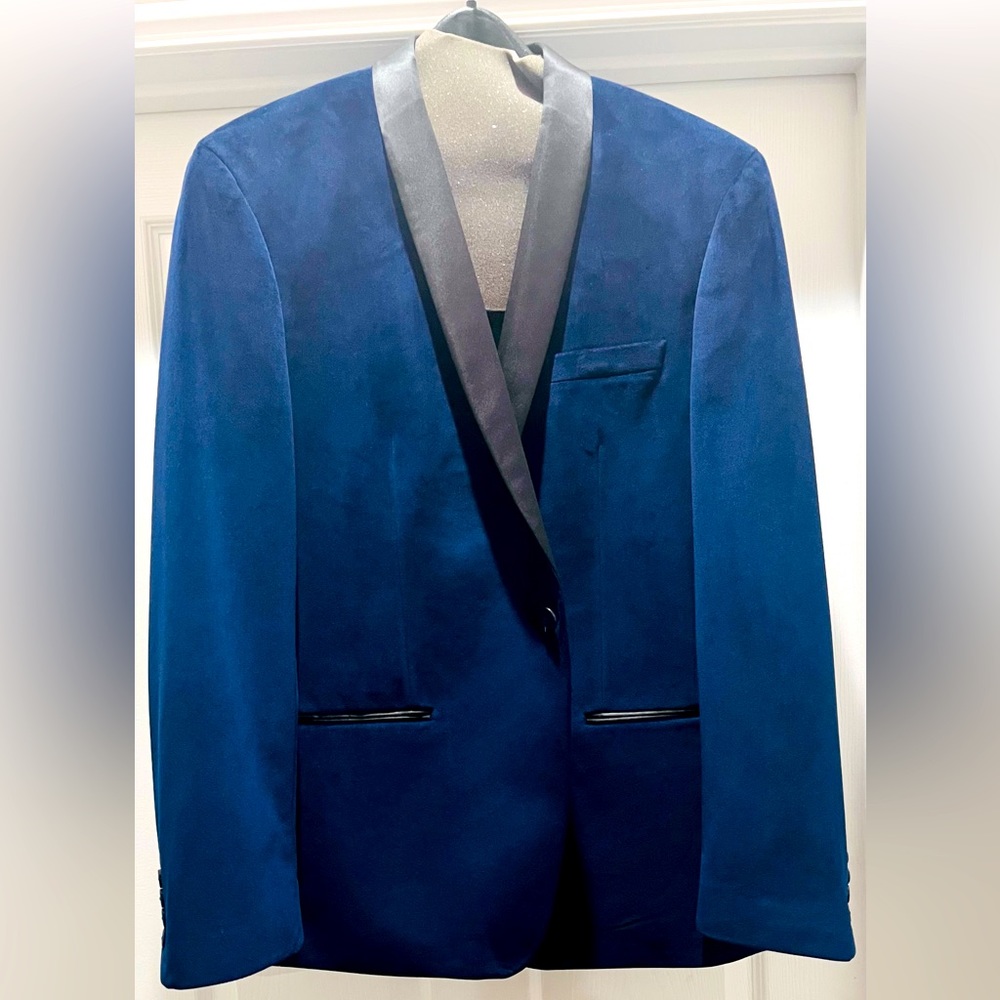 Men’s navy velvet blazer with black satin lapel, ***worn only once***